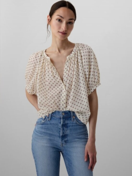Gap x DOEN Tops - Cream Floral Puff-Sleeve Peasant Blouse